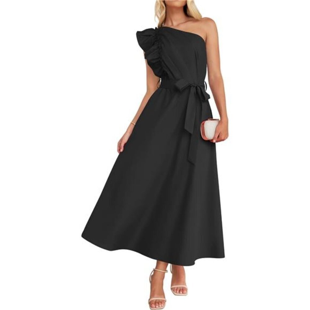 Summer One Shoulder Ruffle Maxi Dress Sleeveless Empire Waist Boho Flowy